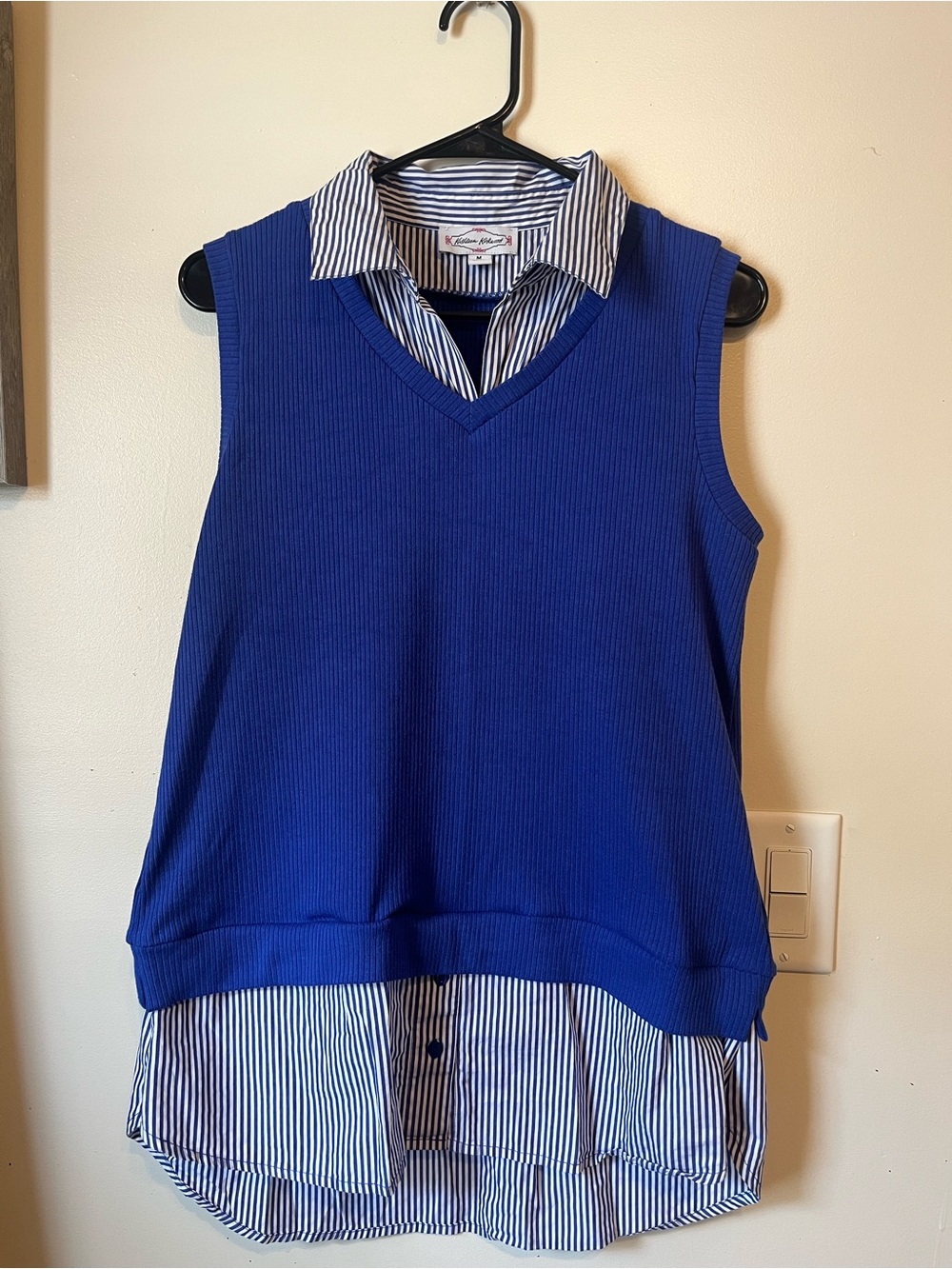 Kathleen Kirkwood Royal Blue Knit Vest with Striped Shirt Layer